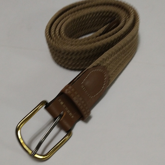 Men's Tan Woven Belt With Brown Leather and Metal Buckle Adjustable Size L #1184 - Picture 13 of 13
